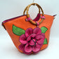 Floral Applique Tote Bag with Segmented Round Top Handles