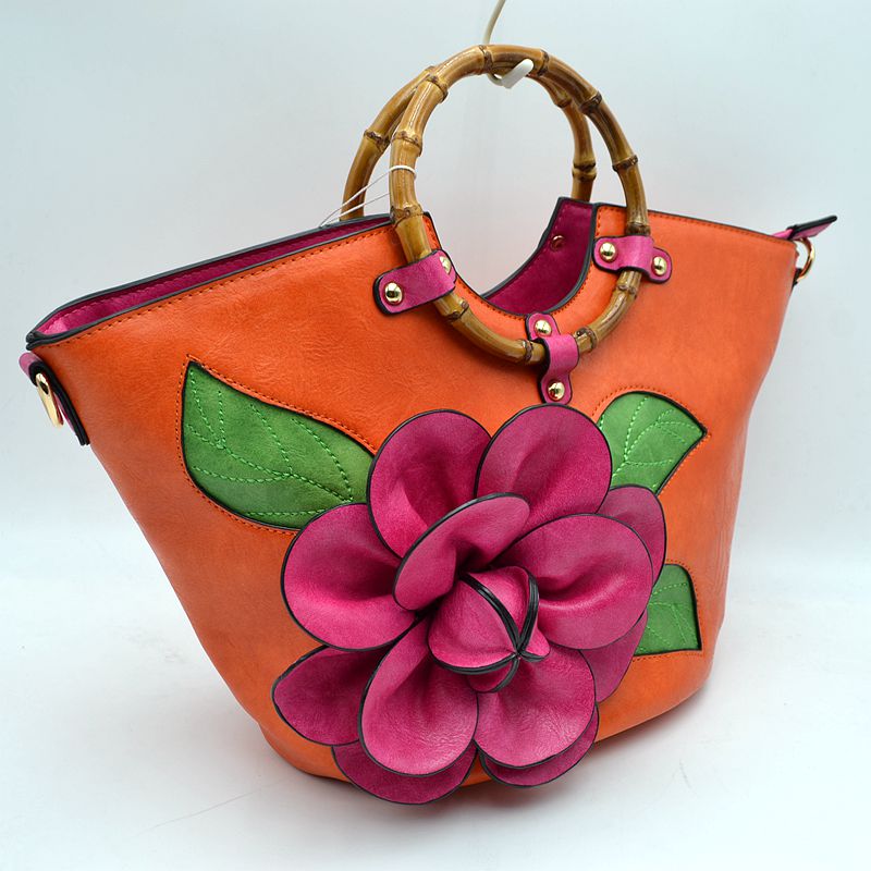 Floral Applique Tote Bag with Segmented Round Top Handles