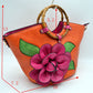 Floral Applique Tote Bag with Segmented Round Top Handles