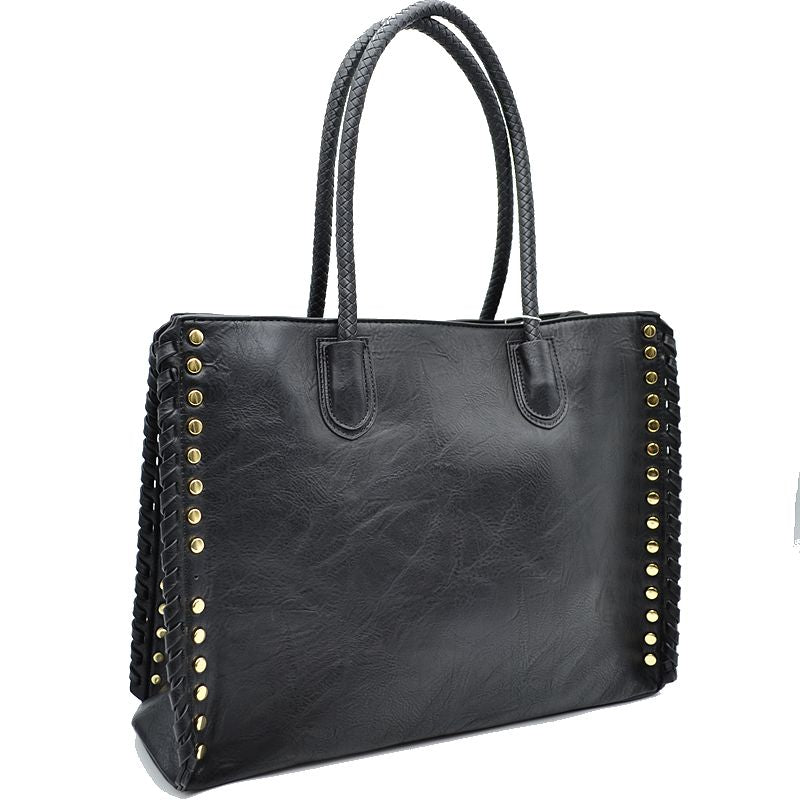 Women's Studded Faux Leather Whipstitch Shoulder Bag Tote