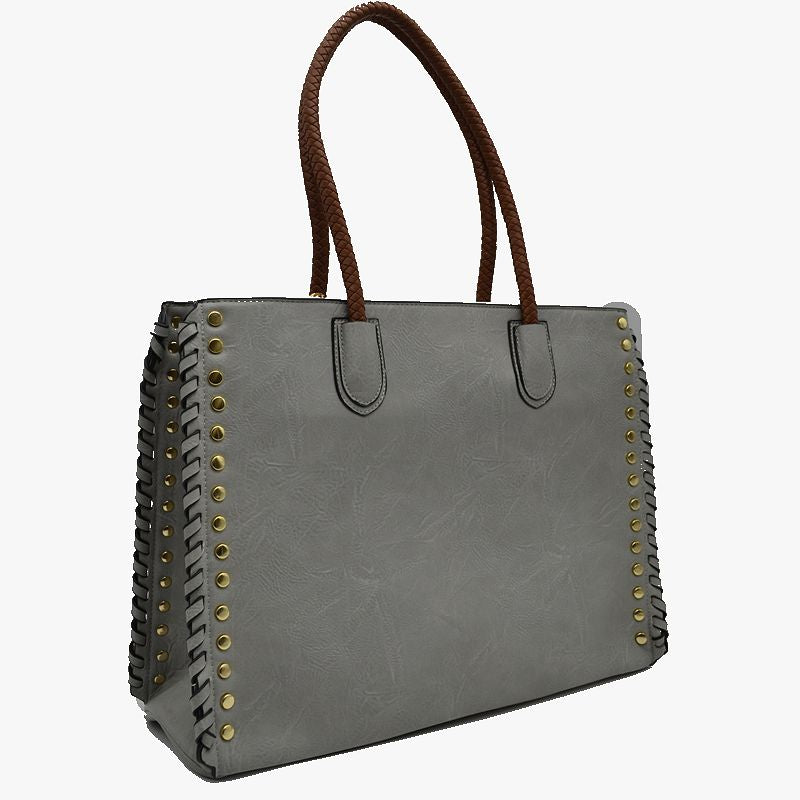 Women's Studded Faux Leather Whipstitch Shoulder Bag Tote