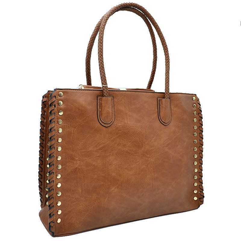 Women's Studded Faux Leather Whipstitch Shoulder Bag Tote