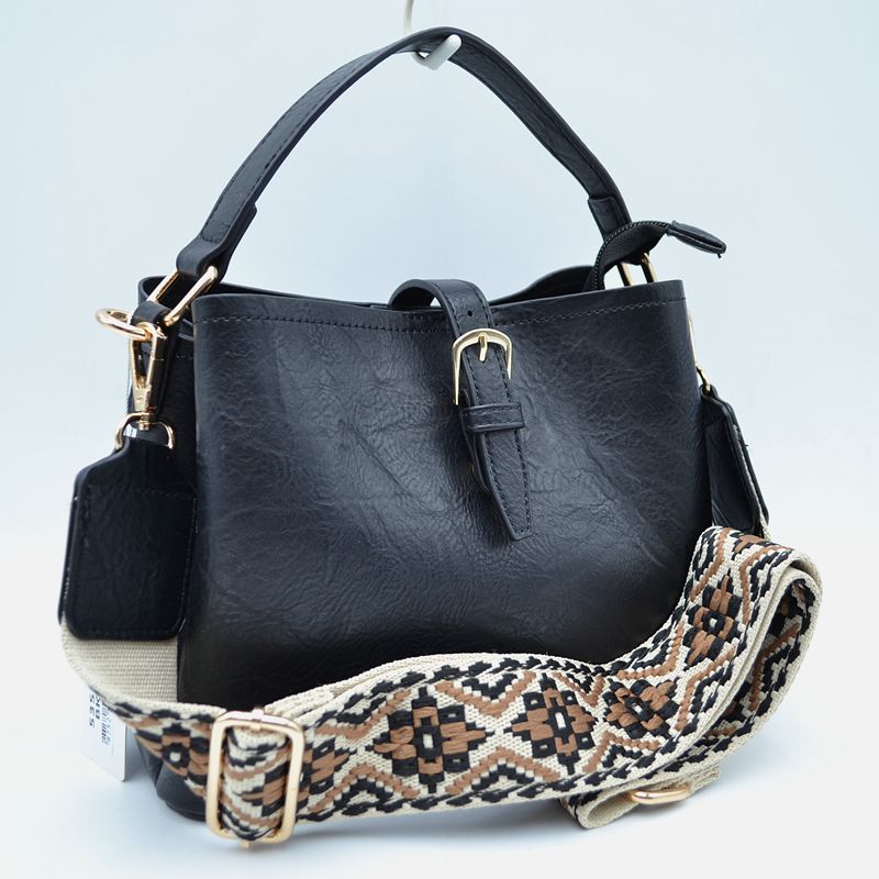 Buckle Strap Bucket Bag with Patterned Crossbody Strap