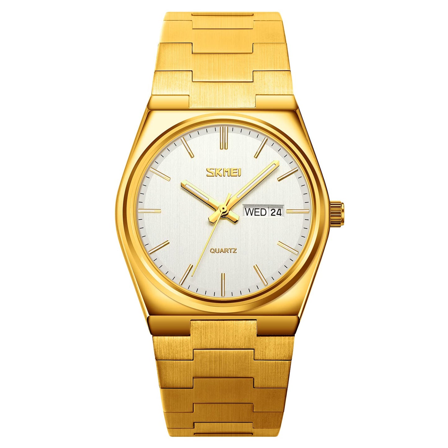 Reloj de pulsera de cuarzo con esfera tallada de dragón chino dorado de lujo para hombre, informal, impermeable, deportivo, de acero inoxidable (T GOLDSILVER)