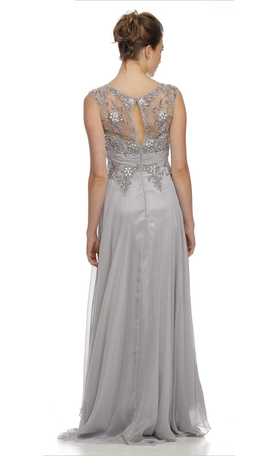 LIQUIDACIÓN - Vestido largo de noche Juliet 552 plateado, línea A, con escote joya y corpiño con tachuelas (Talla M)