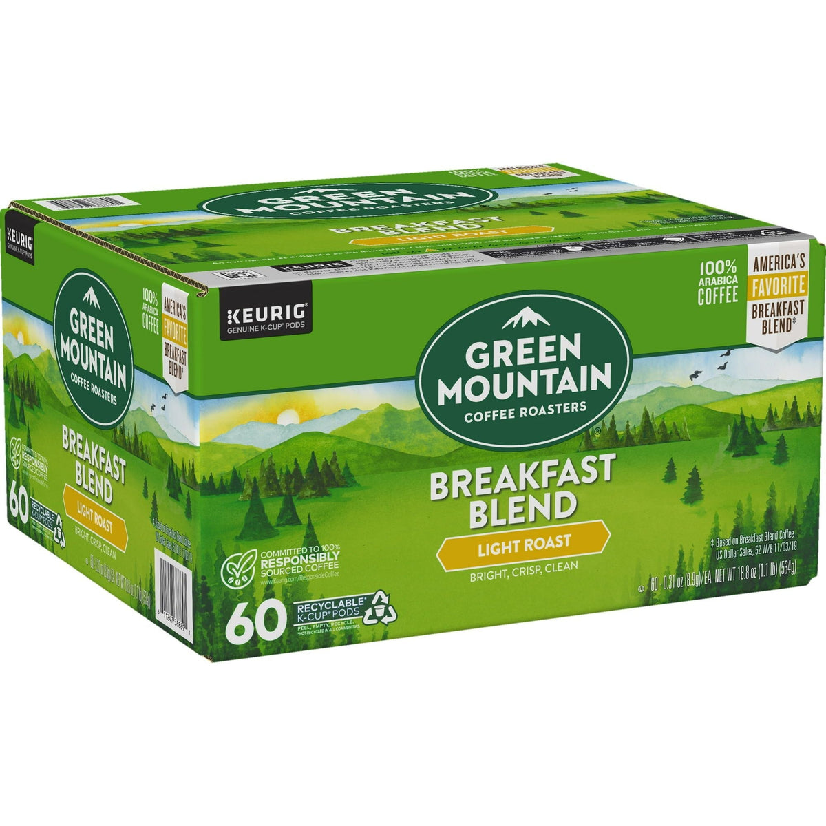 Green Mountain Coffee Breakfast Blend Cápsulas K-Cup de una sola porción, Tostado ligero, Paquete de 60 unidades