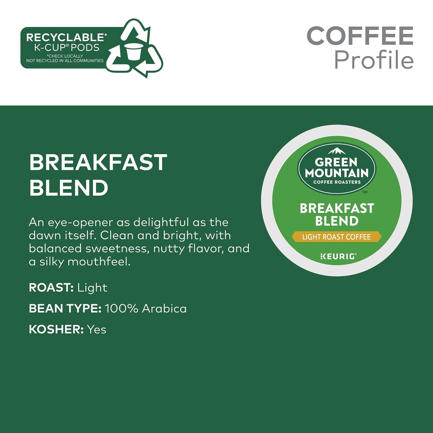 Green Mountain Coffee Roasters, Cápsulas de café K-Cup Breakfast Blend Tostado Claro, 48 unidades