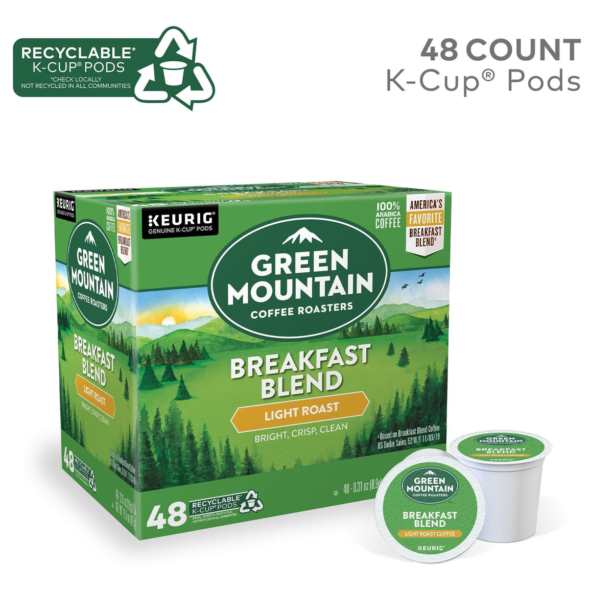 Green Mountain Coffee Roasters, Cápsulas de café K-Cup Breakfast Blend Tostado Claro, 48 unidades