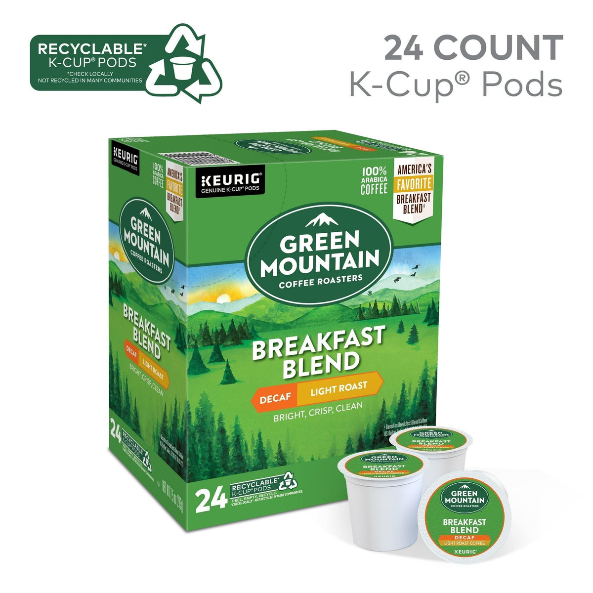 Green Mountain Coffee Roasters, Cápsulas de Café Descafeinado Tueste Claro Breakfast Blend K-Cup, Paquete de 24