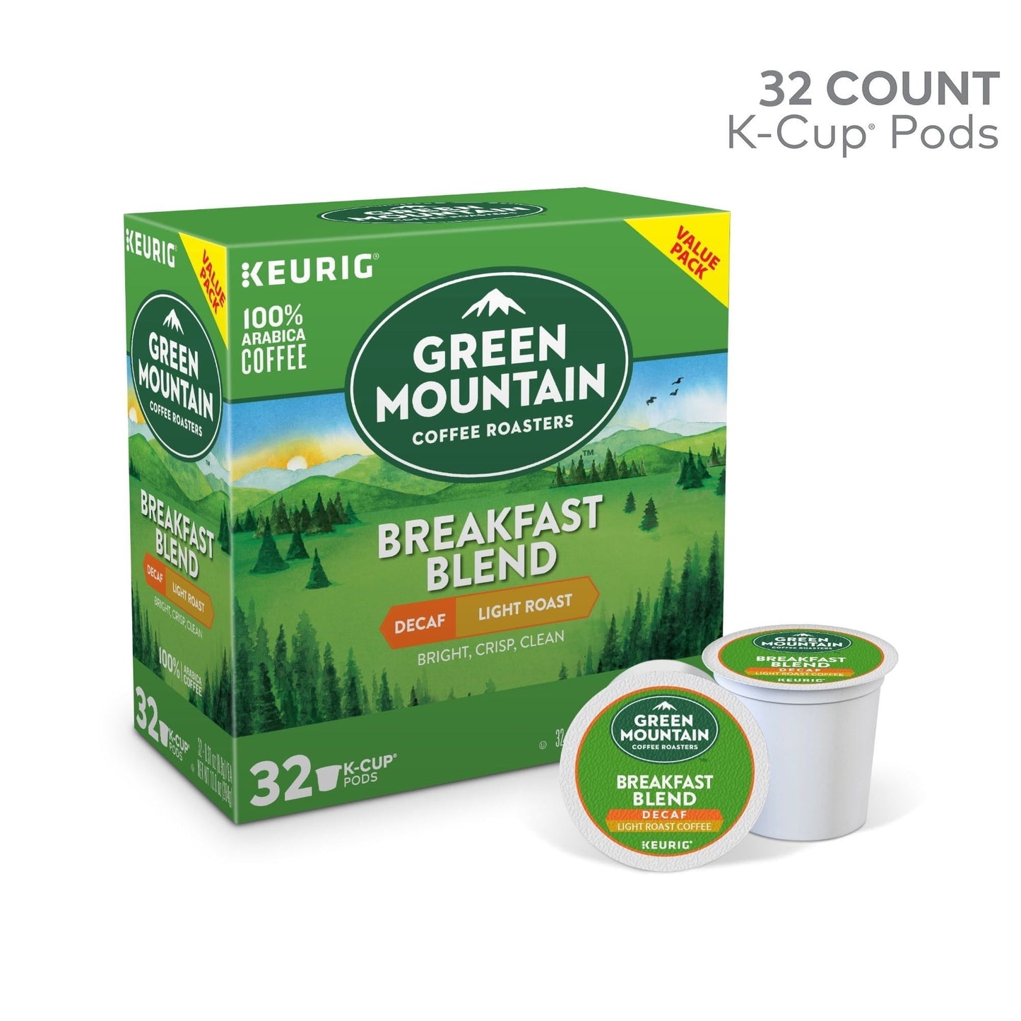 Green Mountain Coffee Descafeinado Breakfast Blend K-Cup Pods, Tostado Ligero, 32 unidades para cafeteras Keurig