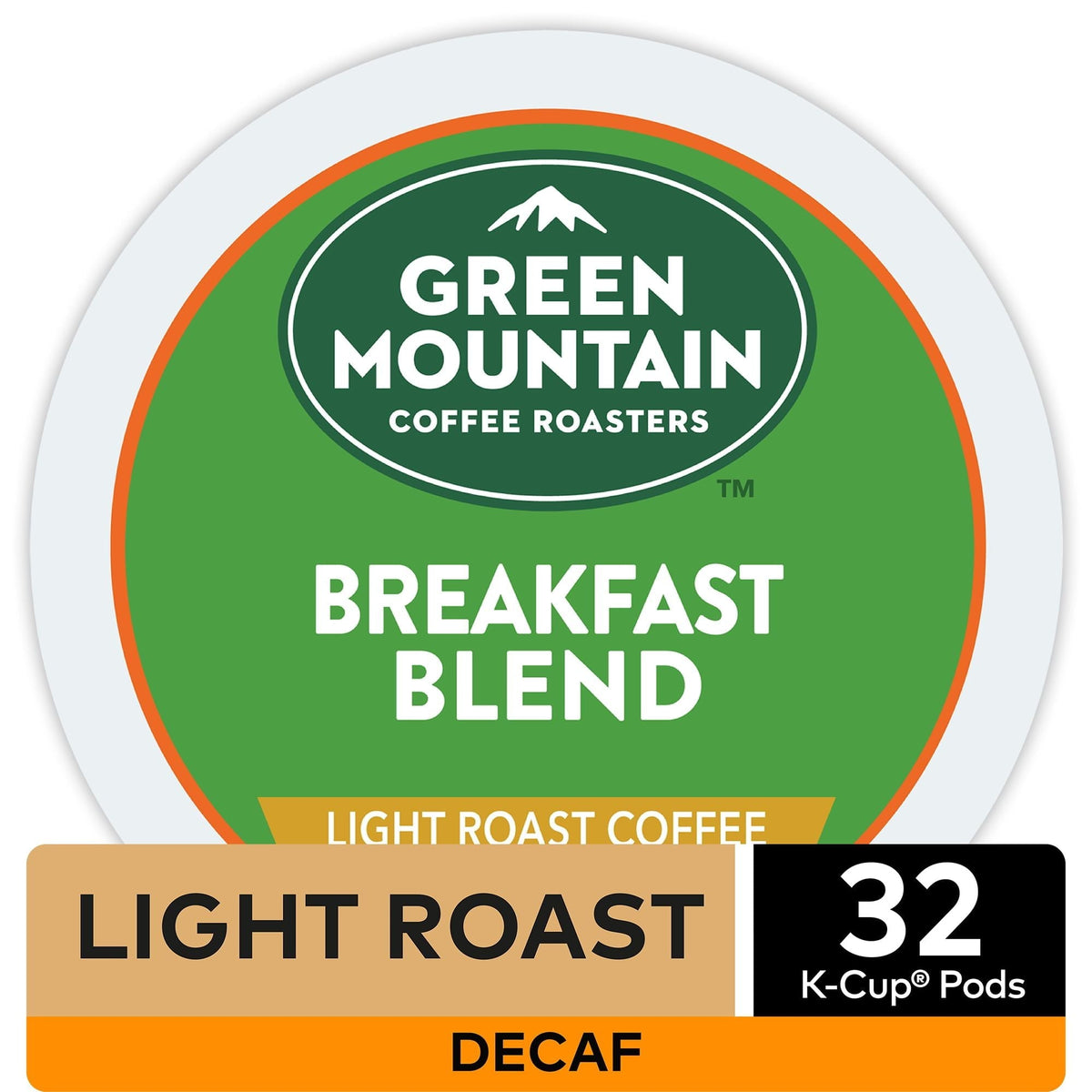 Green Mountain Coffee Descafeinado Breakfast Blend K-Cup Pods, Tostado Ligero, 32 unidades para cafeteras Keurig