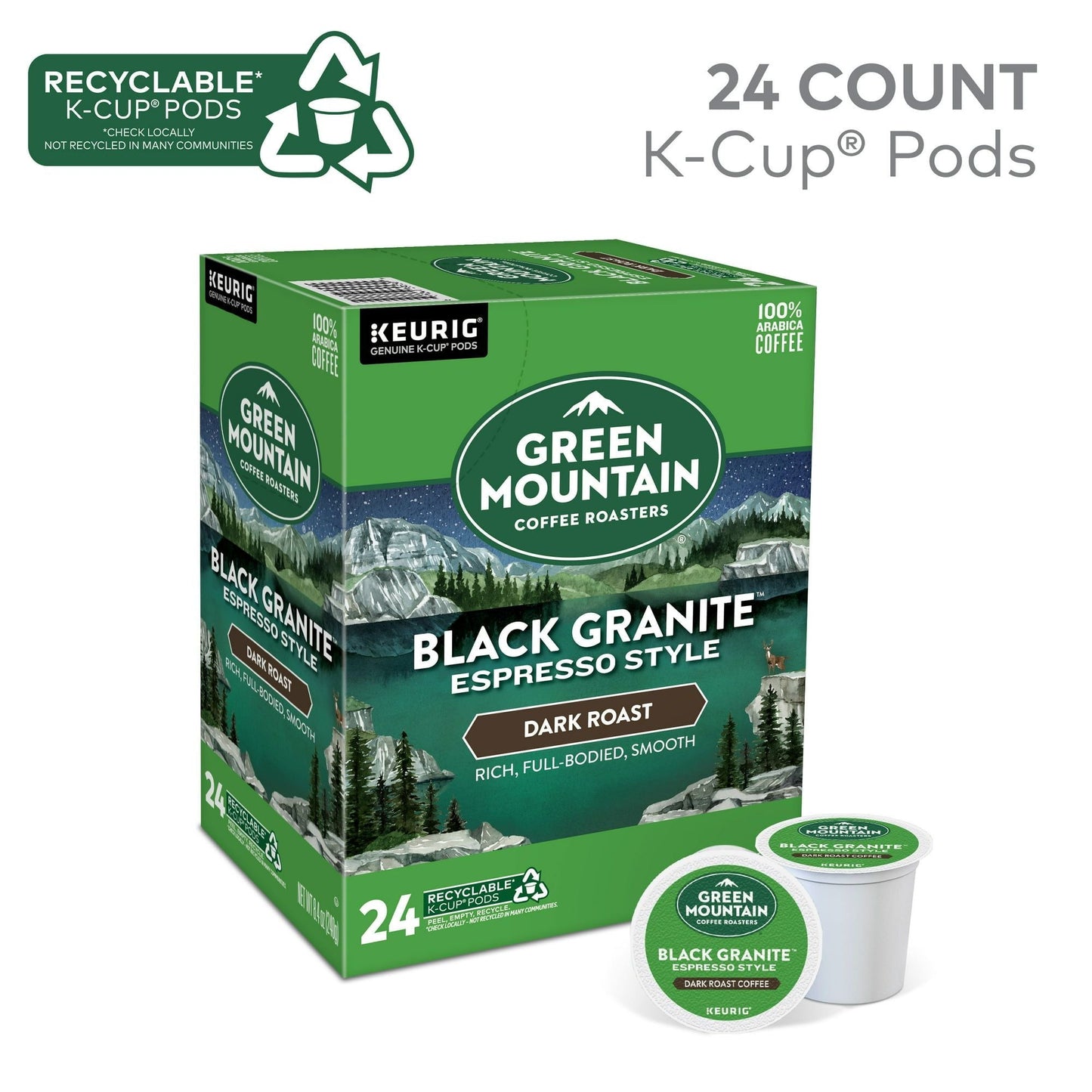 Green Mountain Coffee Roasters, Cápsulas de café K-Cup Black Granite Tostado Oscuro, 24 unidades