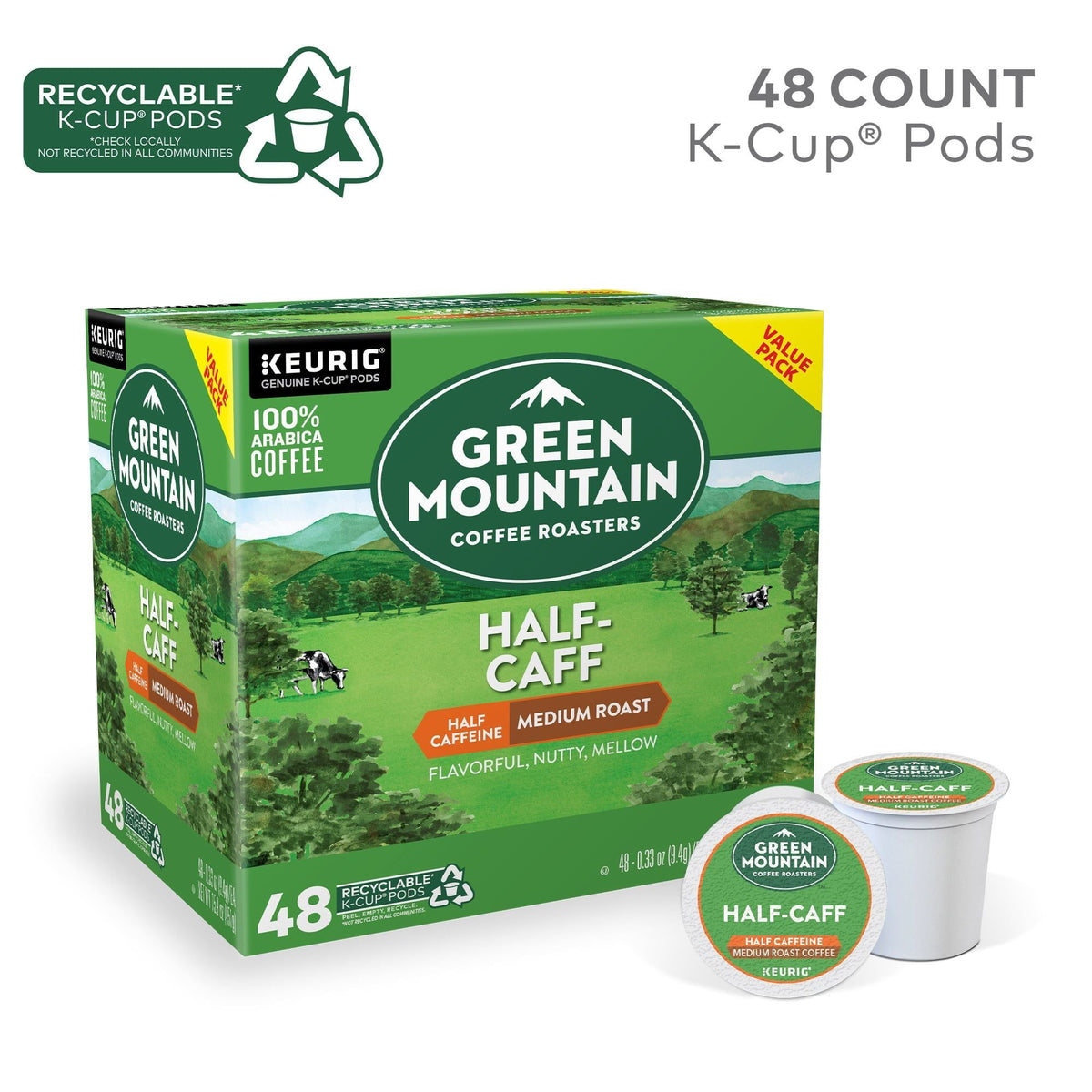 Cápsulas K-Cup de una sola porción Keurig descafeinadas a medias de Green Mountain Coffee, Tostado medio, 48 unidades