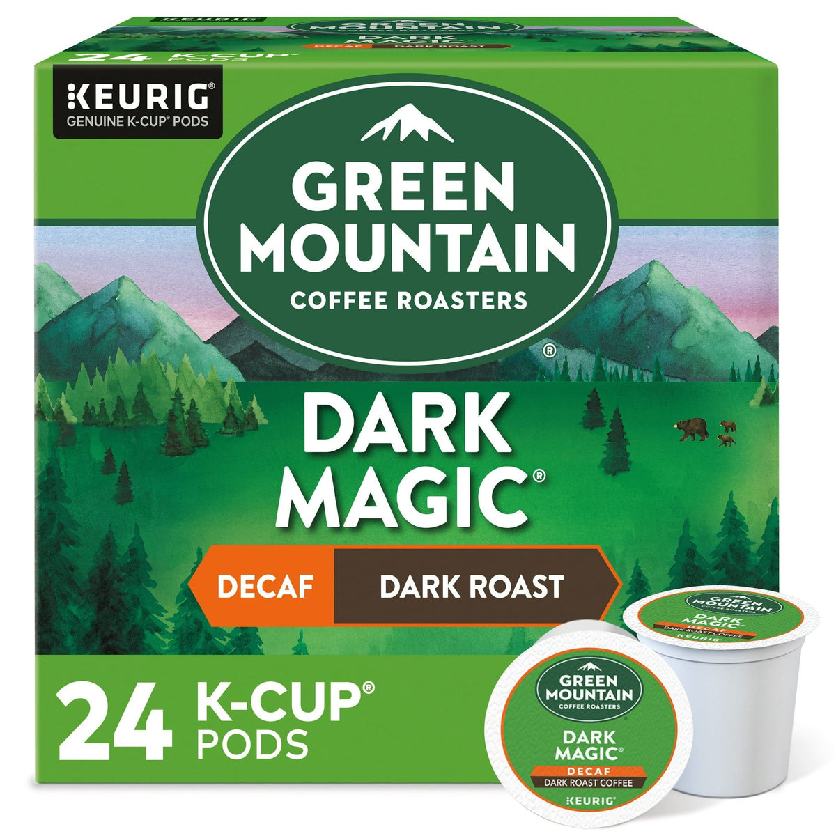 Green Mountain Coffee Descafeinado Dark Magic K-Cup Pods, Tostado Oscuro, 24 Unidades para Cafeteras Keurig