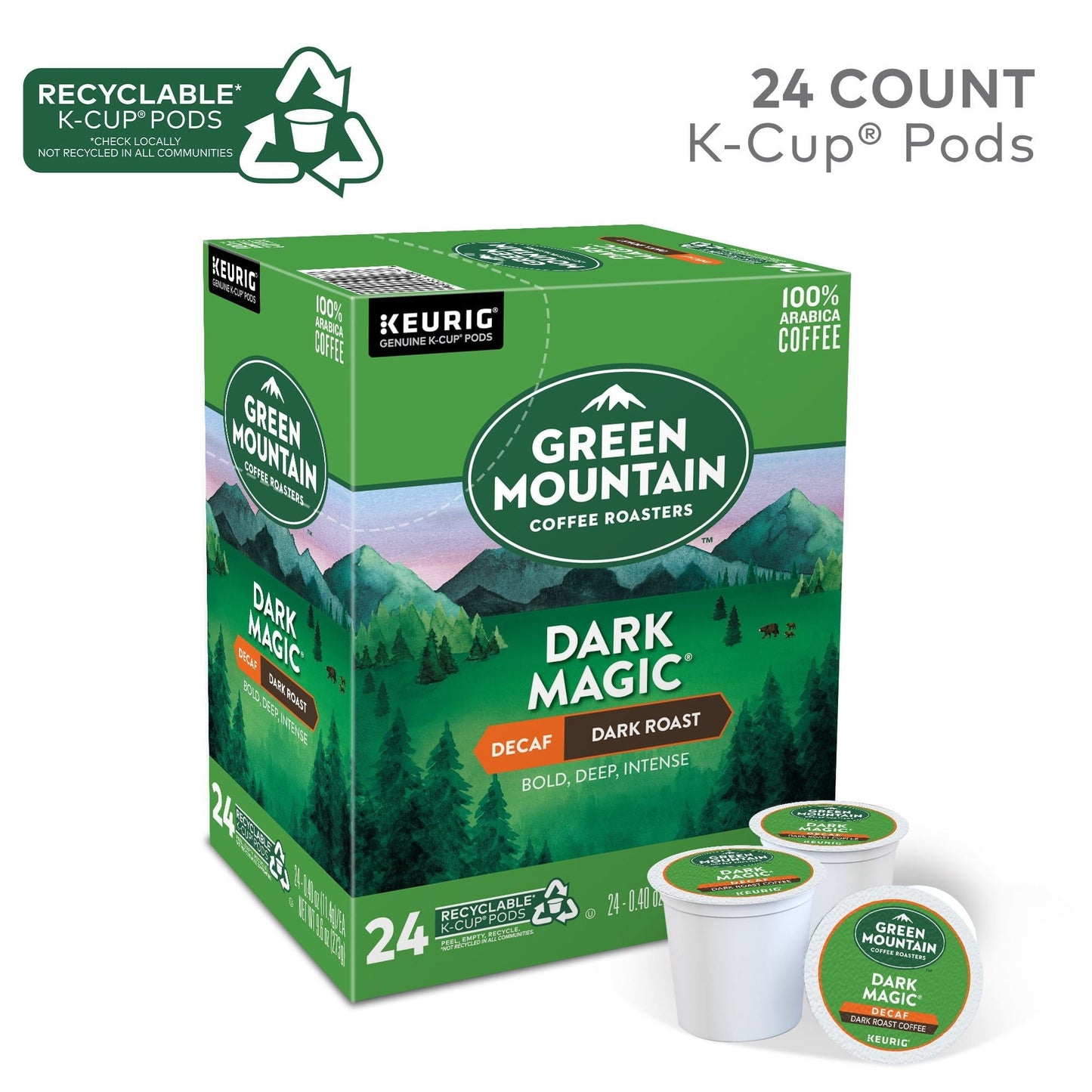 Green Mountain Coffee Descafeinado Dark Magic K-Cup Pods, Tostado Oscuro, 24 Unidades para Cafeteras Keurig