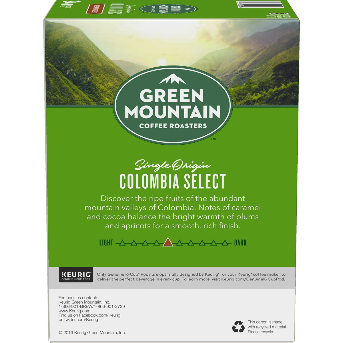 Green Mountain Coffee Colombia Select Certificado de Comercio Justo K-Cup, Tostado Medio, 24 Unidades para Cafeteras Keurig