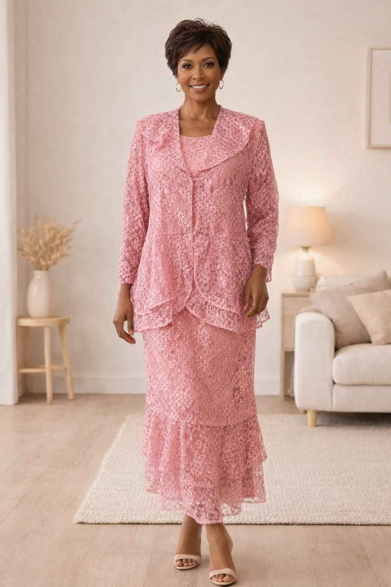 LIQUIDACIÓN - Conjunto de 3 piezas modesto Hosanna 5616, vestido rosa de encaje hasta el tobillo (talla XL)