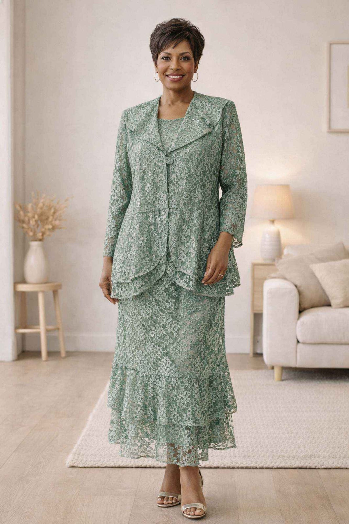 LIQUIDACIÓN - Conjunto de 3 piezas modesto Hosanna 5616, vestido rosa de encaje hasta el tobillo (talla XL)
