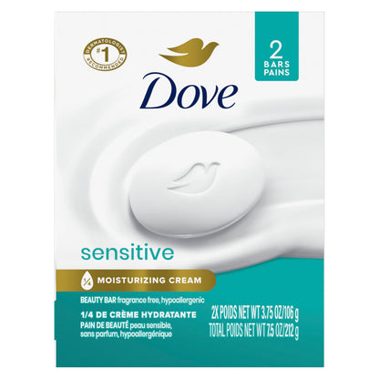 Dove Jabón en barra de belleza sensitive, paquete de 2, para piel sensible, sin fragancia e hipoalergénico, 3.75 oz