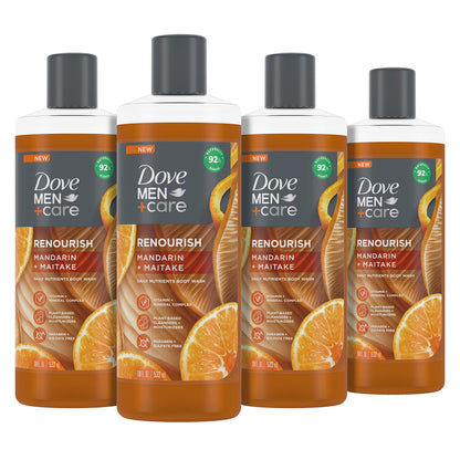 DOVE MEN + CARE Gel de Ducha Corporal Rejuvenecedor Mandarina + Maitake Paquete de 4 Con Complejo Vitamínico y Mineral Gel de Ducha Hidratante Con Ingredientes de Origen Vegetal 532 ml