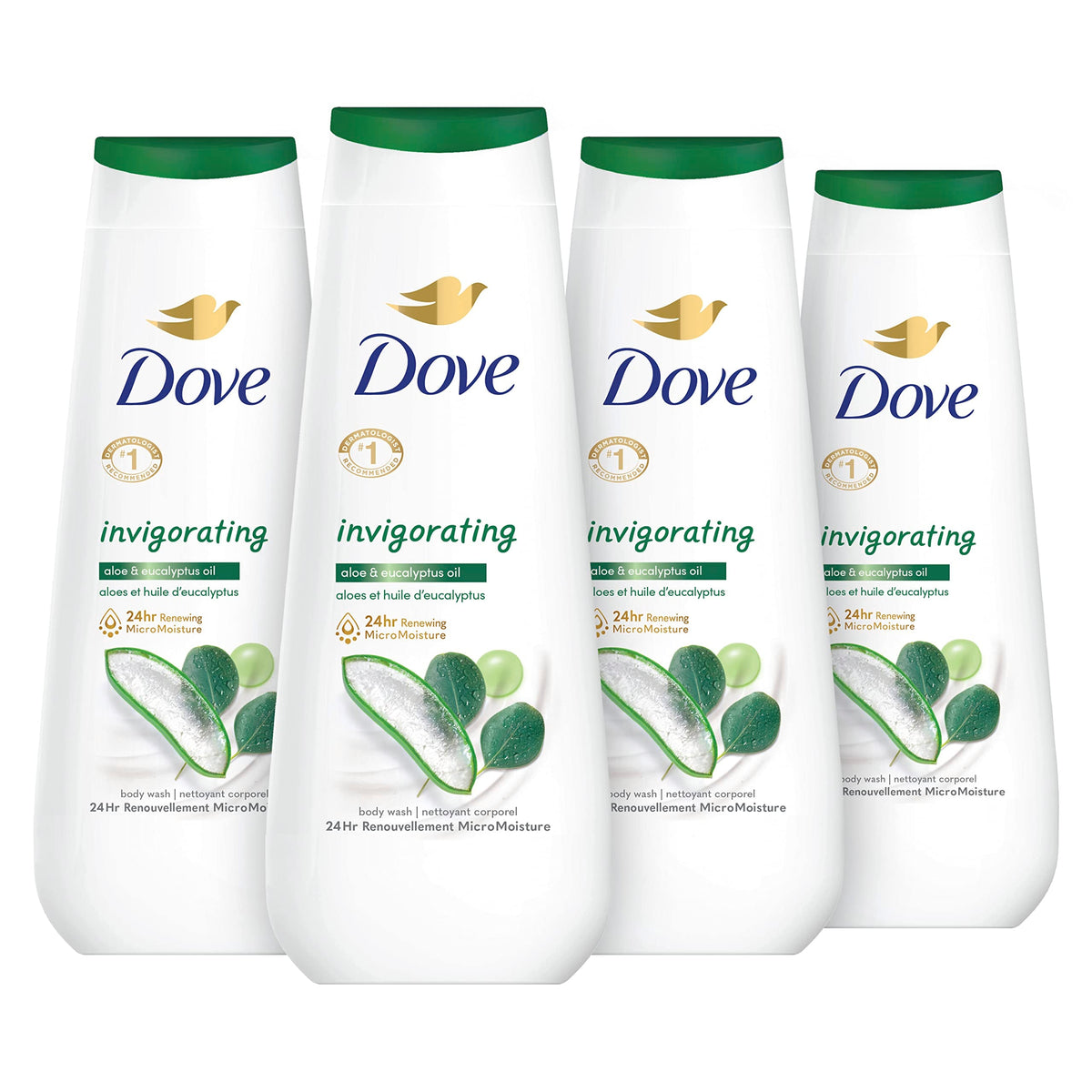 Dove Body Wash Vigorizante con Aloe y Eucalipto, paquete de 4 unidades, para piel seca, refresca y tonifica la piel, 20 oz