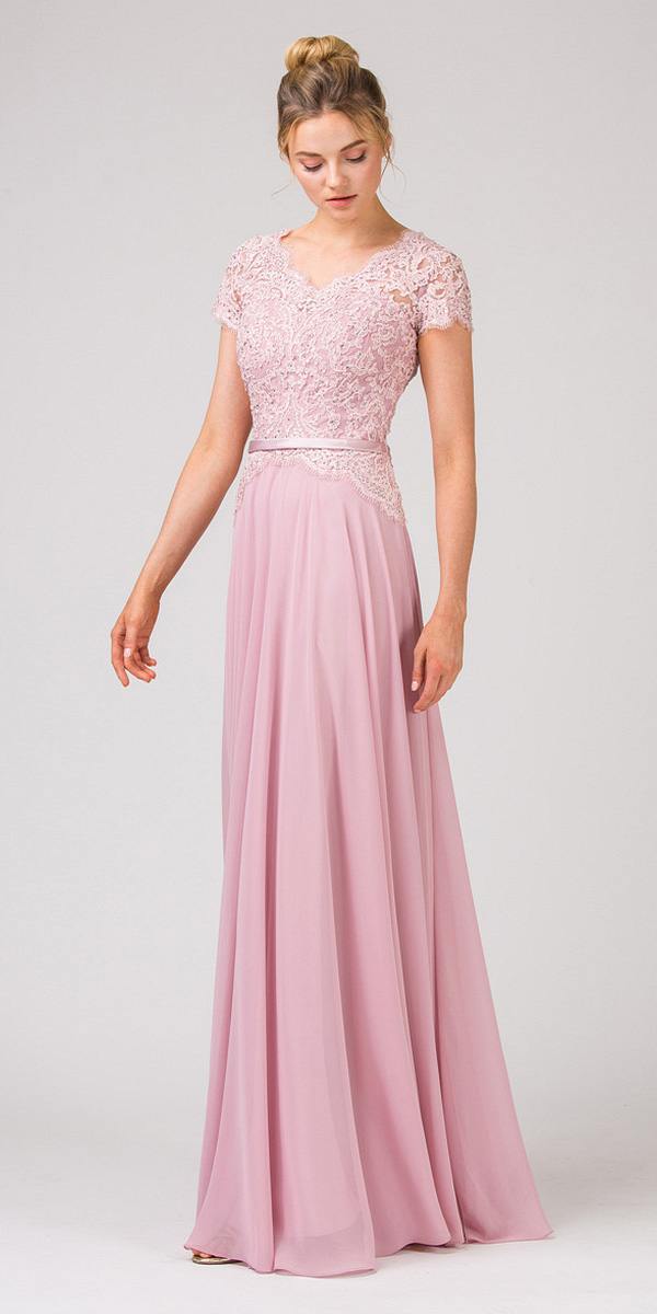 DESPEJE - Vestido largo Eureka 5909 de encaje con corpiño de línea A y mangas cortas (Talla 3XL)