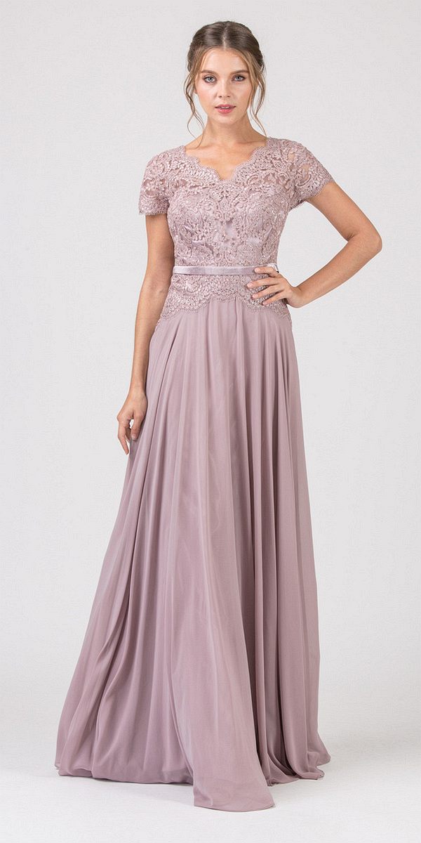 DESPEJE - Vestido largo Eureka 5909 de encaje con corpiño de línea A y mangas cortas (Talla 3XL)