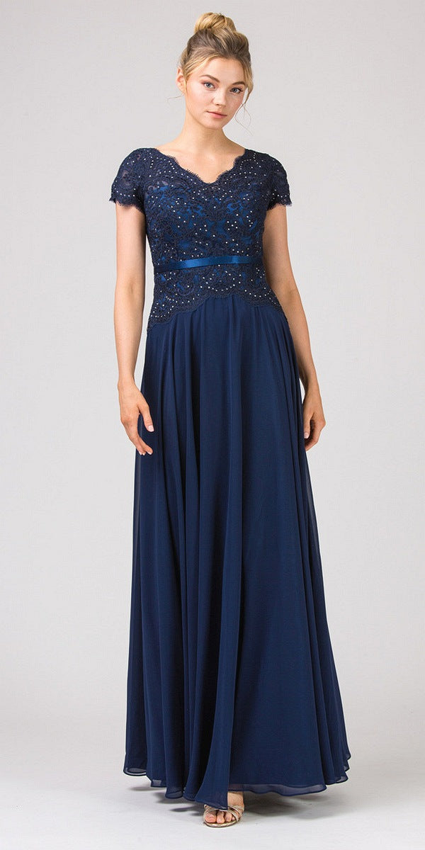 DESPEJE - Vestido largo Eureka 5909 de encaje con corpiño de línea A y mangas cortas (Talla 3XL)