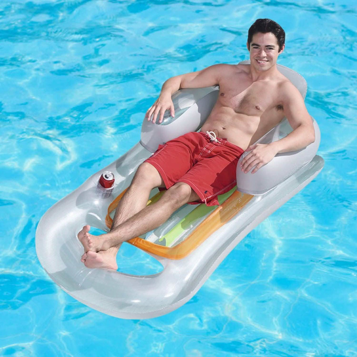 Flotador inflable de piscina de 150 cm con reposacabezas, reposabrazos y portavasos