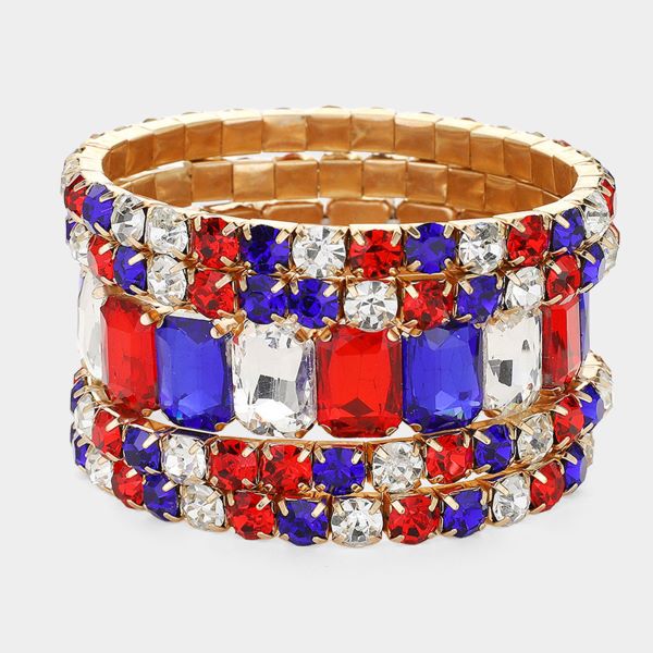 Women's 5PCS - Emerald Cut Round Stone Stretch Evening Bracelets 4th of July