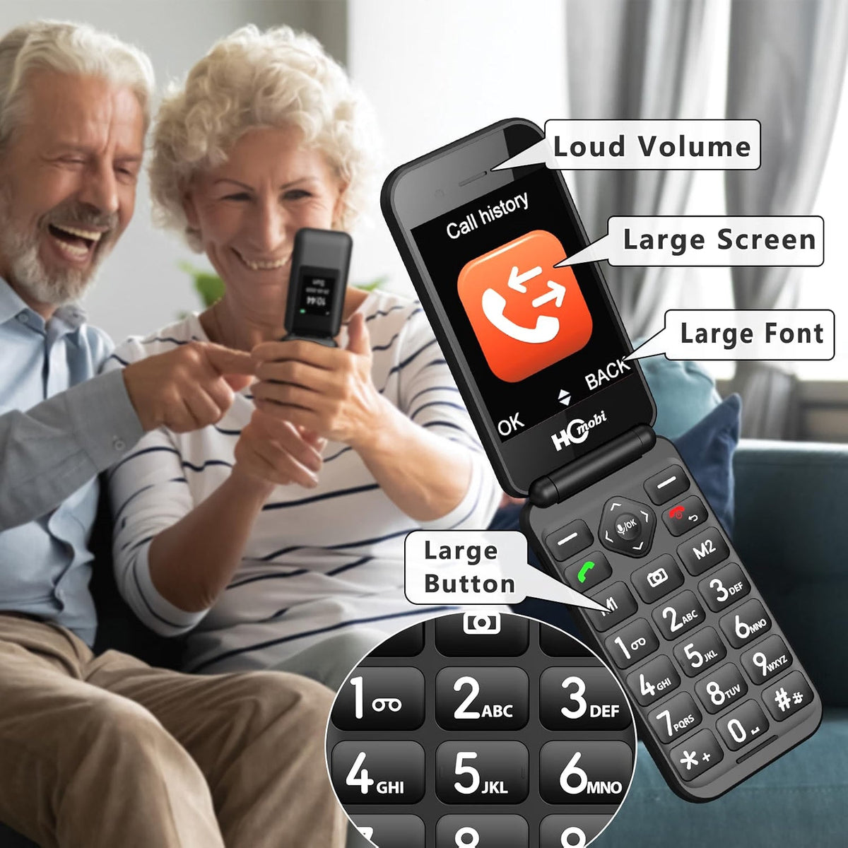 Teléfono plegable 4G desbloqueado para personas mayores, teléfono plegable básico, teléfono móvil para personas mayores, pantalla de 2.8" +1.5", botón SOS, marcación rápida, botones grandes, Bluetooth, cámara, radio FM, batería de 1400 mAh (negro mate).