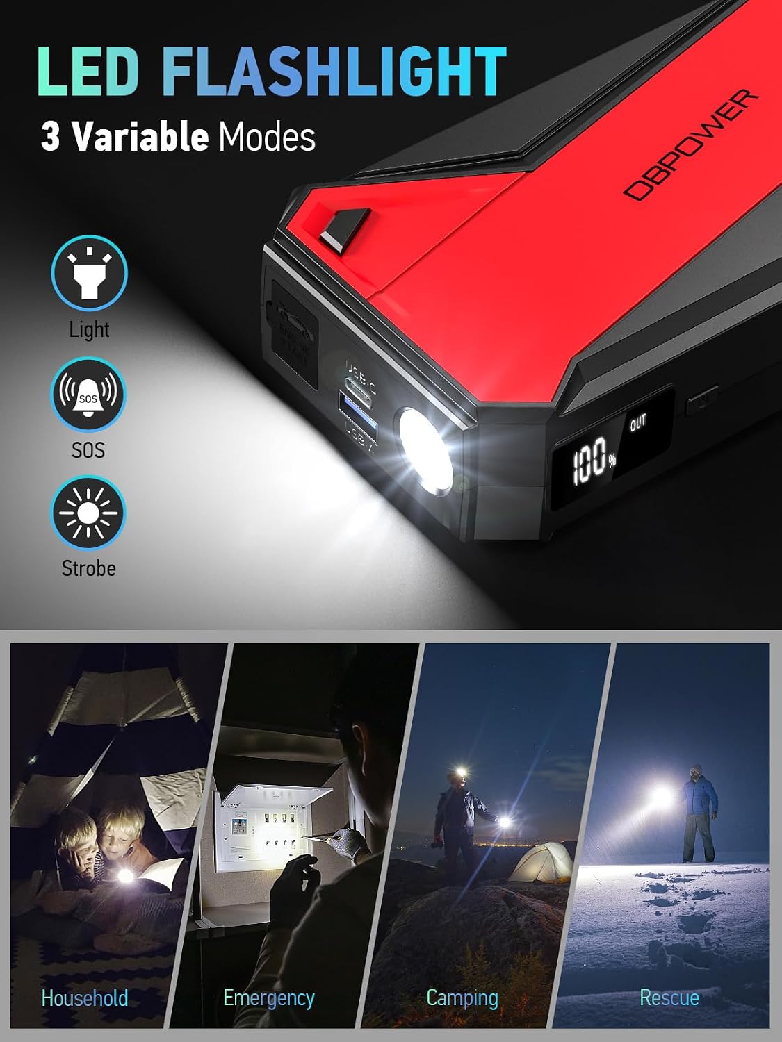 Arrancador de coche portátil DBPOWER Peak 3000A 18000mAh (hasta 8.0L de gasolina, motor diésel de 6.0L) con puerto de carga inteligente, brújula, pantalla LCD y luz LED (negro/rojo)