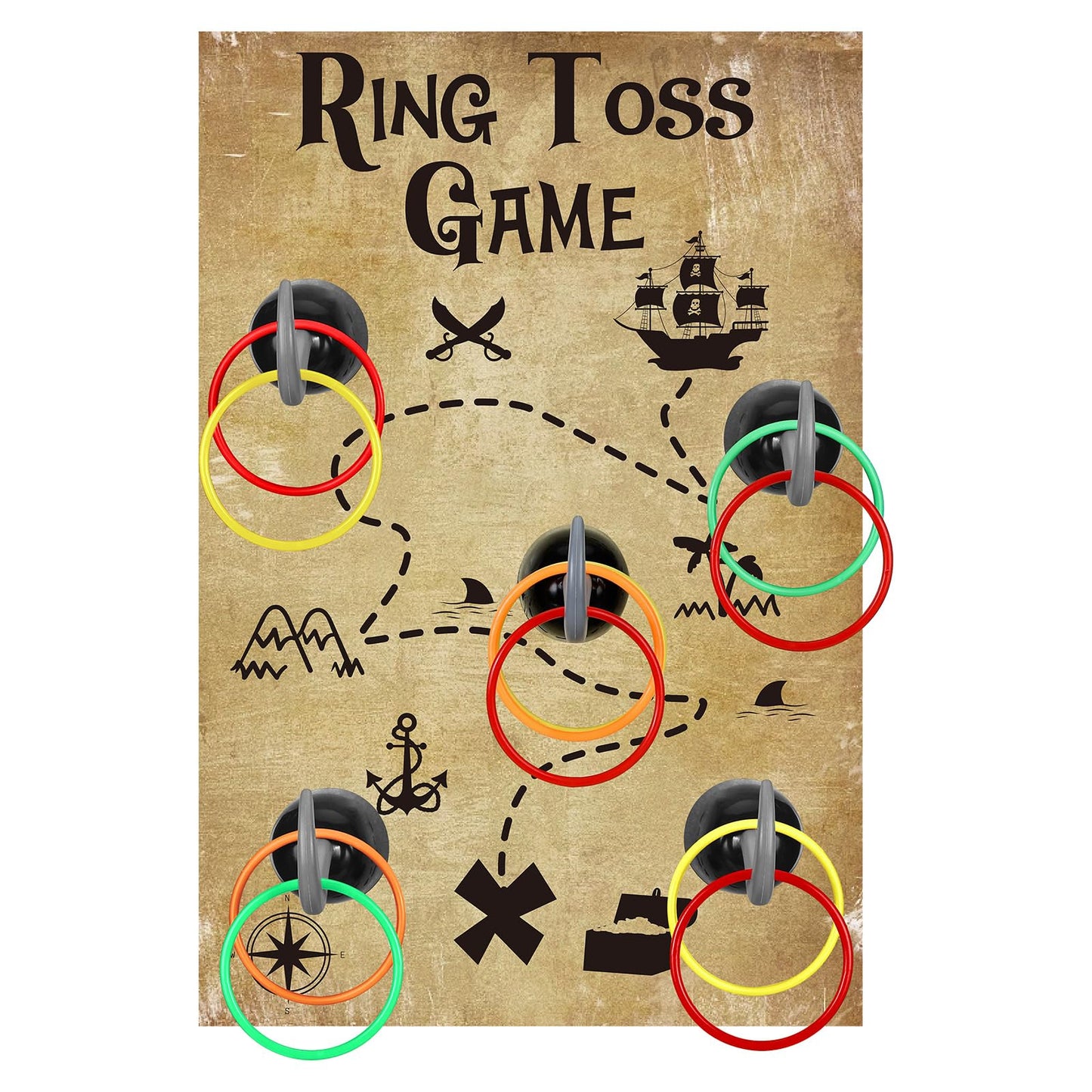 Libima 18 Piezas Juego de Lanzamiento de Anillos Gancho Pirata Incluye 1 Tablero de Juego Pirata 5 Ganchos de Capitán 12 Anillos de Plástico para Lanzar Juegos de Interior y Exterior Regalos para Decoraciones y Suministros de Fiesta Temática Pirata