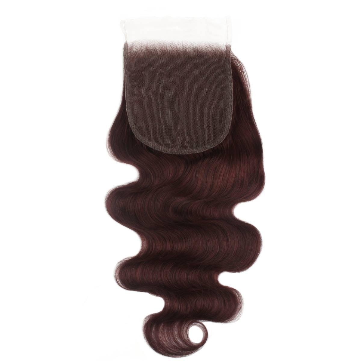 Cierre de cabello humano 5x5 HD Lace con ondas corporales color borgoña
