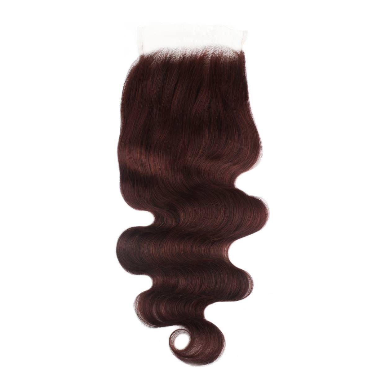 Cierre de cabello humano 5x5 HD Lace con ondas corporales color borgoña