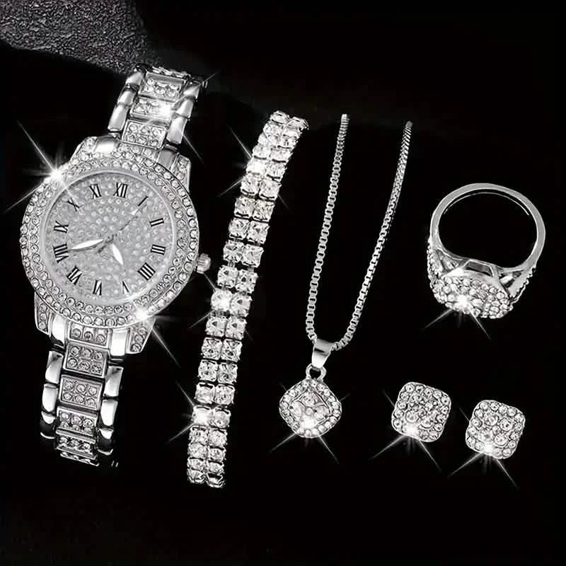 Juego de joyas de 6 piezas para mujer: elegante reloj de cuarzo con números romanos