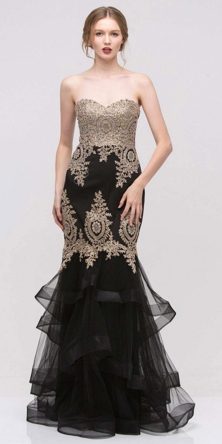 LIQUIDACIÓN - Vestido de Noche Strapless Bordado con Falda en Capas Eureka 6009 (Talla XL)