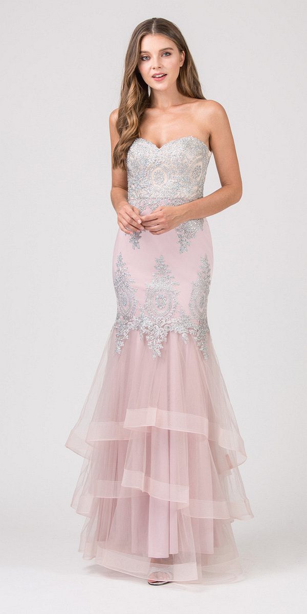 LIQUIDACIÓN - Vestido de Noche Strapless Bordado con Falda en Capas Eureka 6009 (Talla XL)