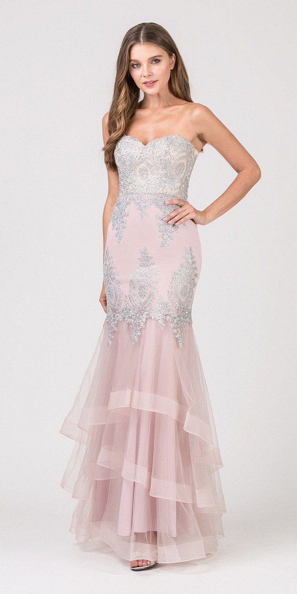 LIQUIDACIÓN - Vestido de Noche Strapless Bordado con Falda en Capas Eureka 6009 (Talla XL)