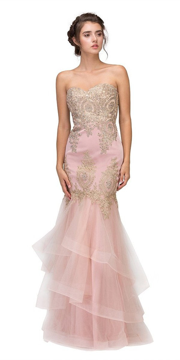 LIQUIDACIÓN - Vestido de Noche Strapless Bordado con Falda en Capas Eureka 6009 (Talla XL)