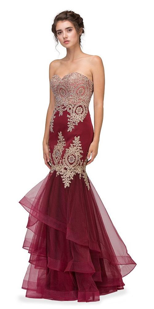LIQUIDACIÓN - Vestido de Noche Strapless Bordado con Falda en Capas Eureka 6009 (Talla XL)