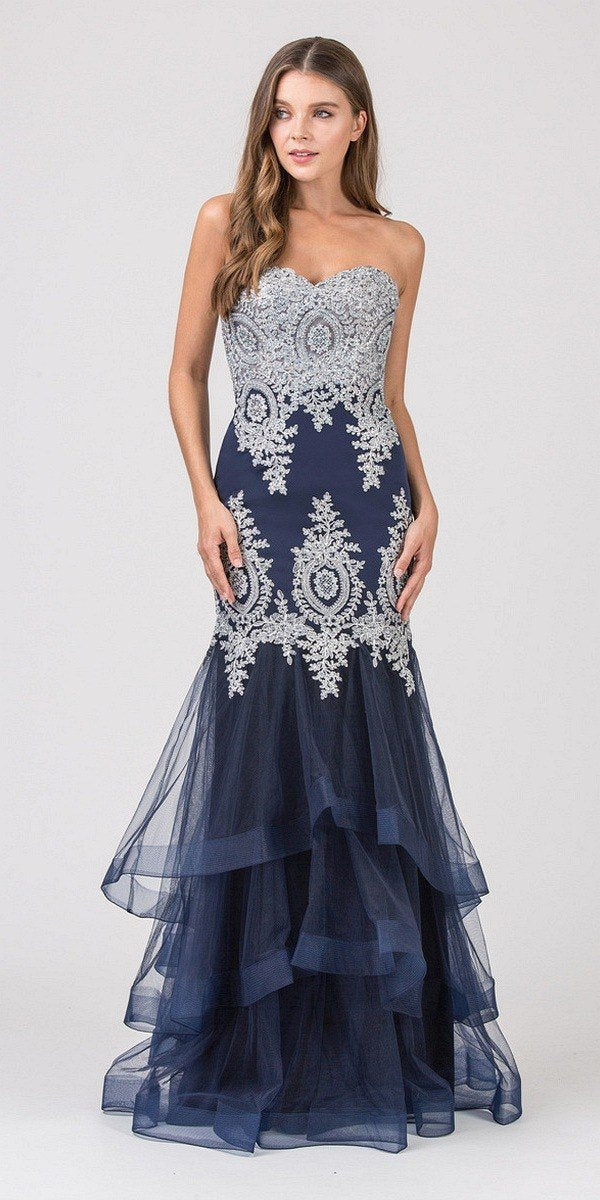 LIQUIDACIÓN - Vestido de Noche Strapless Bordado con Falda en Capas Eureka 6009 (Talla XL)