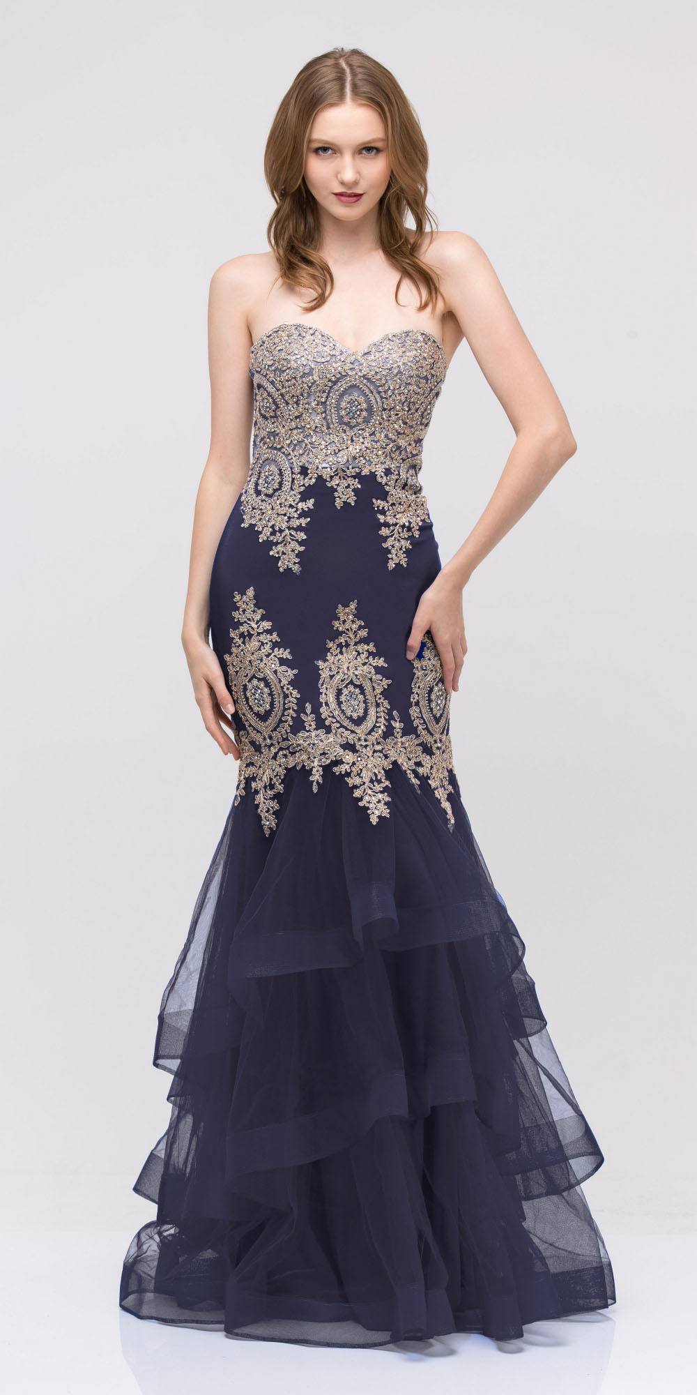 LIQUIDACIÓN - Vestido de Noche Strapless Bordado con Falda en Capas Eureka 6009 (Talla XL)