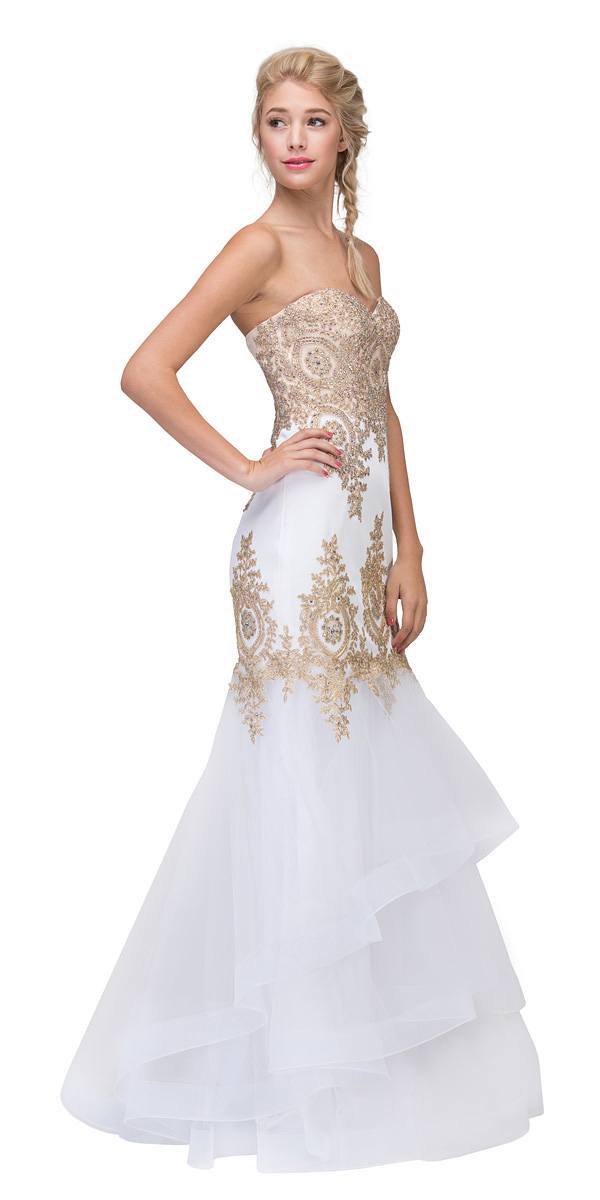 LIQUIDACIÓN - Vestido de Noche Strapless Bordado con Falda en Capas Eureka 6009 (Talla XL)