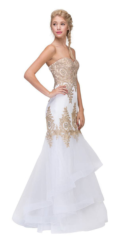 LIQUIDACIÓN - Vestido de Noche Strapless Bordado con Falda en Capas Eureka 6009 (Talla XL)