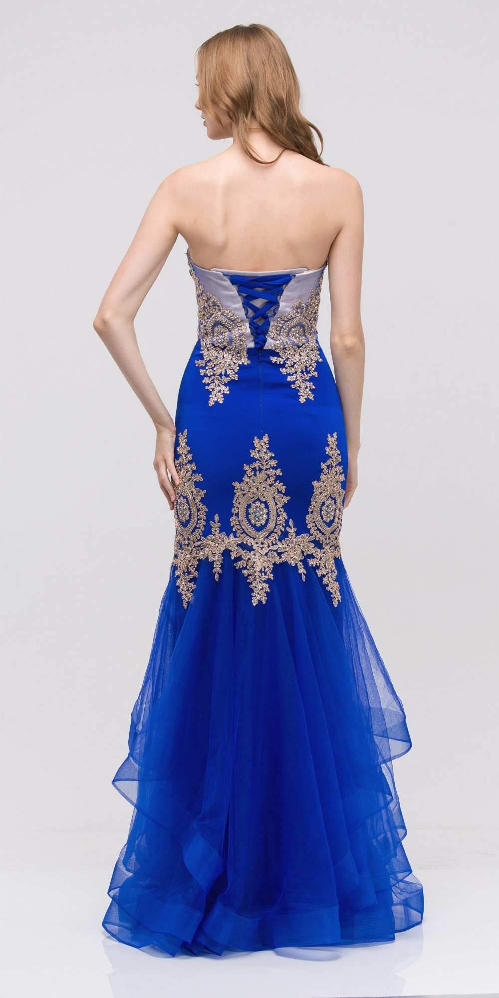 LIQUIDACIÓN - Vestido de Noche Strapless Bordado con Falda en Capas Eureka 6009 (Talla XL)