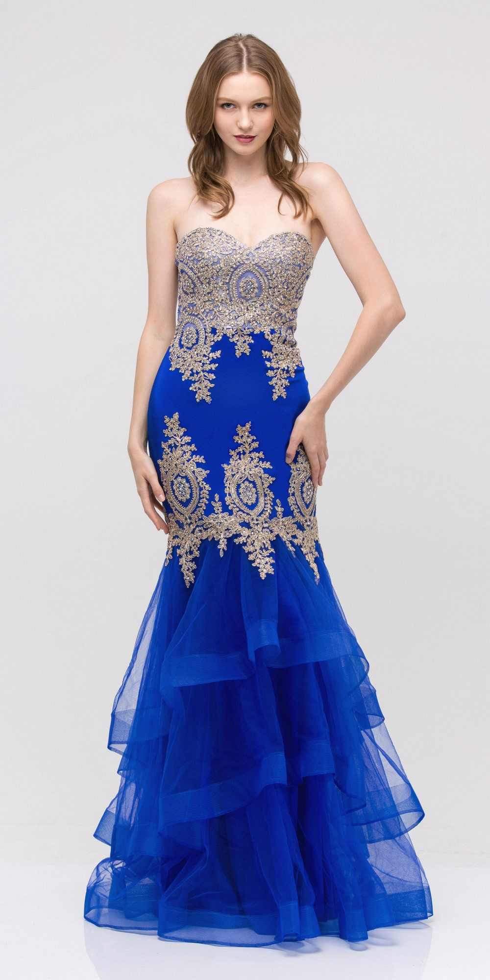 LIQUIDACIÓN - Vestido de Noche Strapless Bordado con Falda en Capas Eureka 6009 (Talla XL)