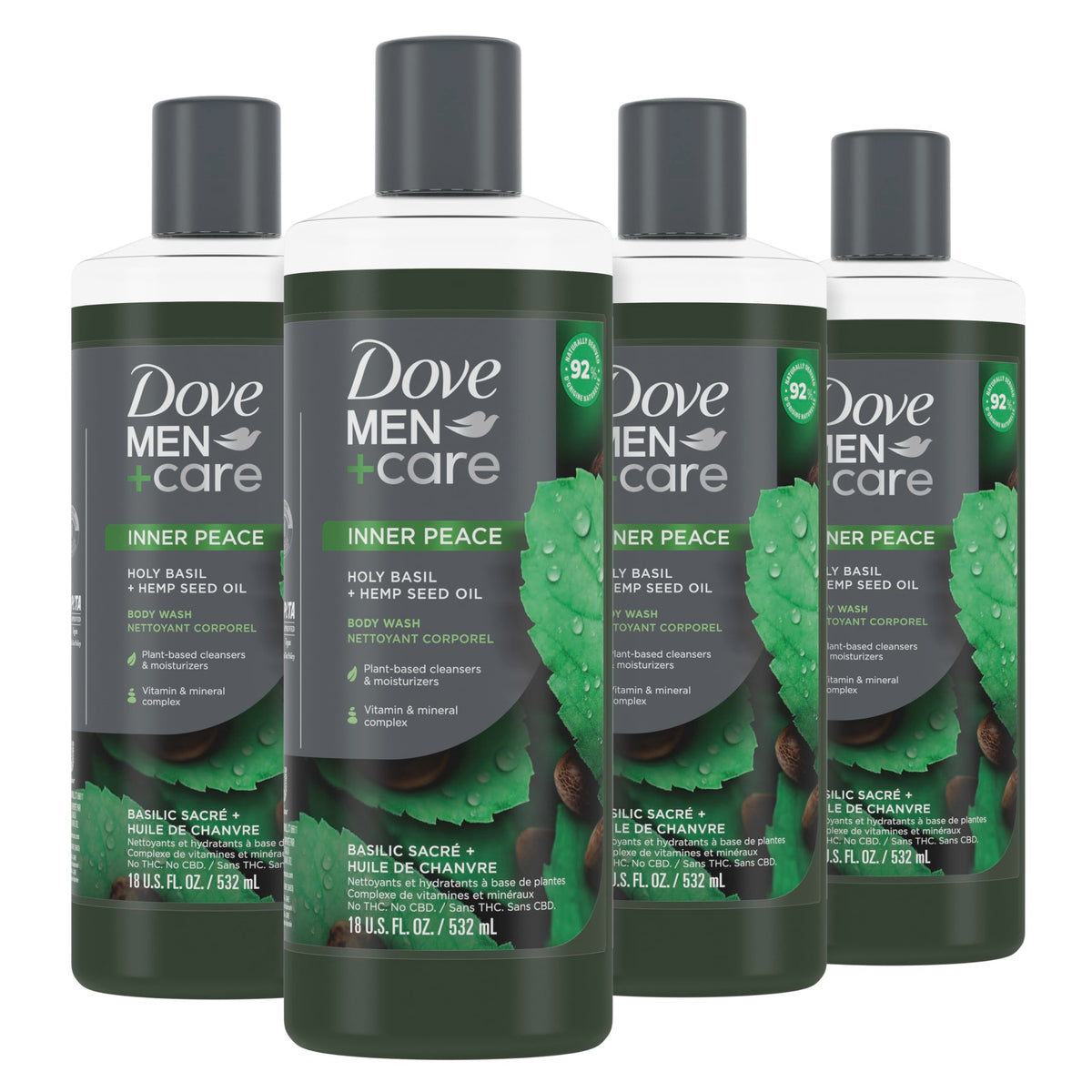 Dove Men+Care Jabón Líquido Albahaca Sagrada + Aceite de Semilla de Cáñamo Paquete de 4 para Reconstruir la Piel en la Ducha con Limpiadores a Base de Plantas e Hidratantes de 18 oz