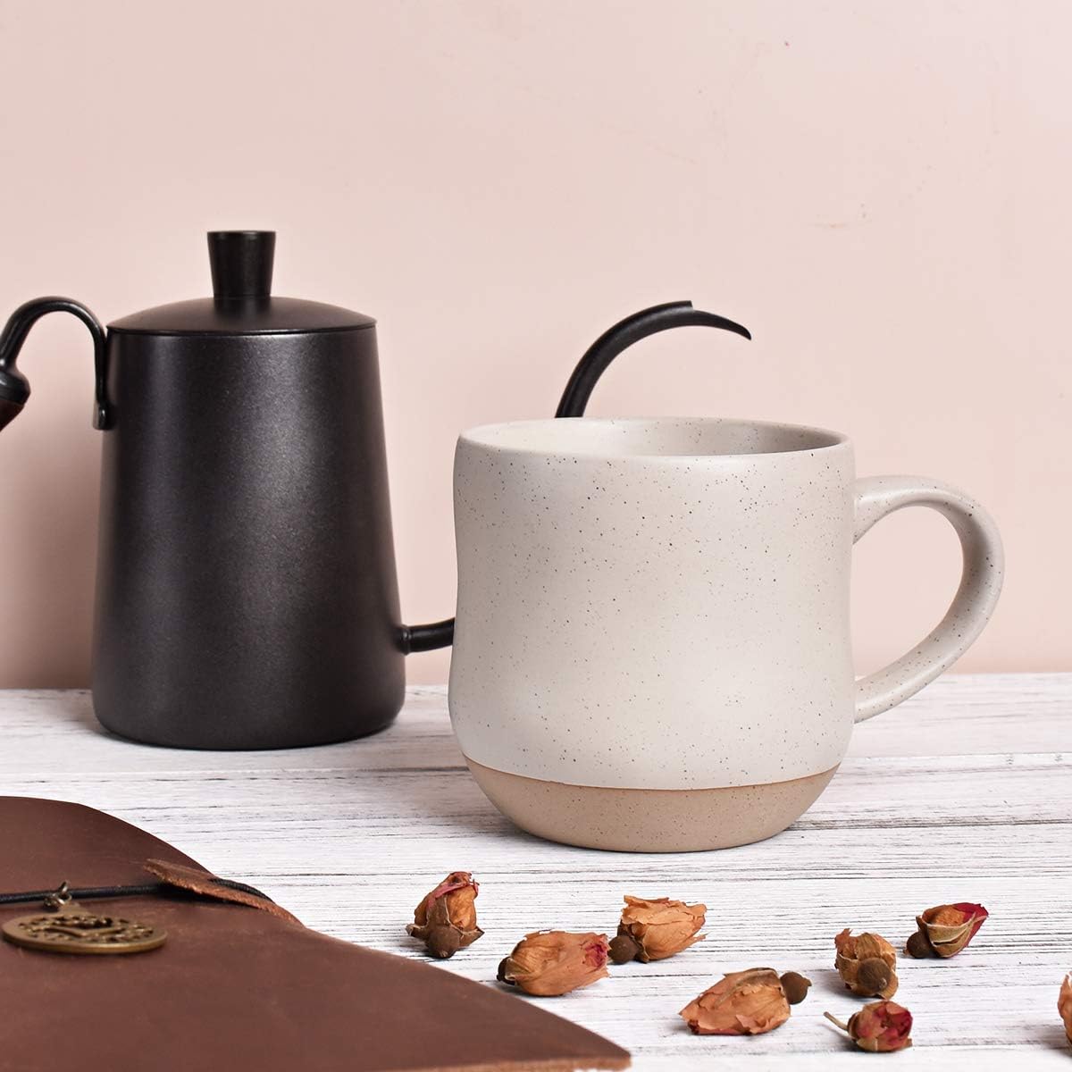 Bosmarlin Tazas Grandes de Cerámica de Gres con Salpicaduras, Juego de 2, Tazas Grandes de Té de Cerámica, 500 ml, Apto para Lavavajillas y Microondas (Blanco, 2)