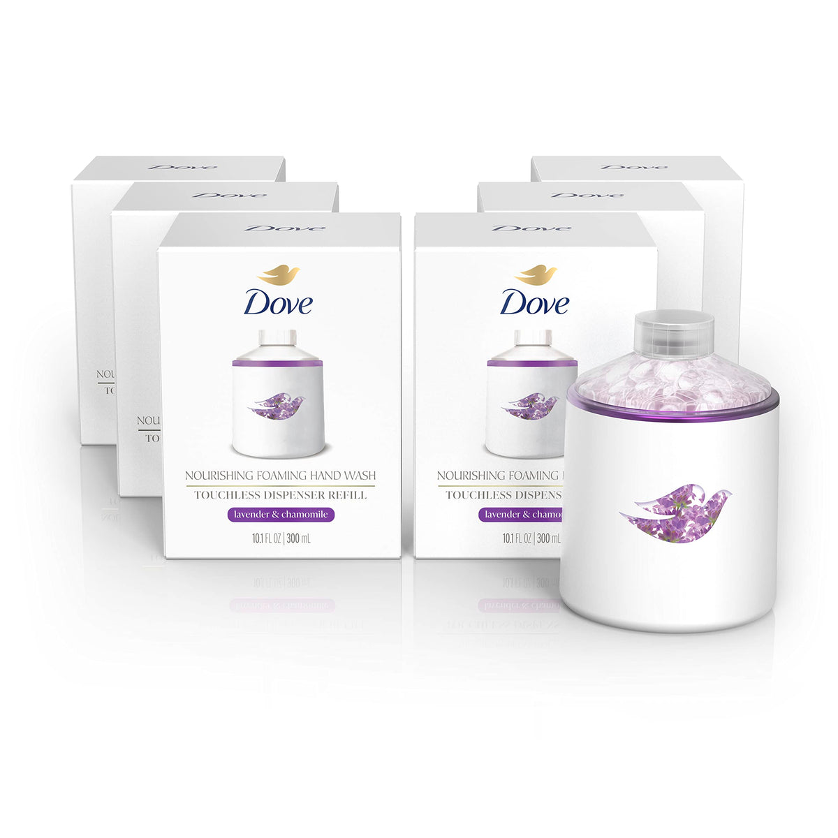 Repuesto para Dispensador sin Contacto de Jabón Líquido Espumoso Nutritivo Dove Lavanda y Manzanilla, Jabón Líquido Humectante para Manos para una Nutrición Duradera 300 ml, Paquete de 6